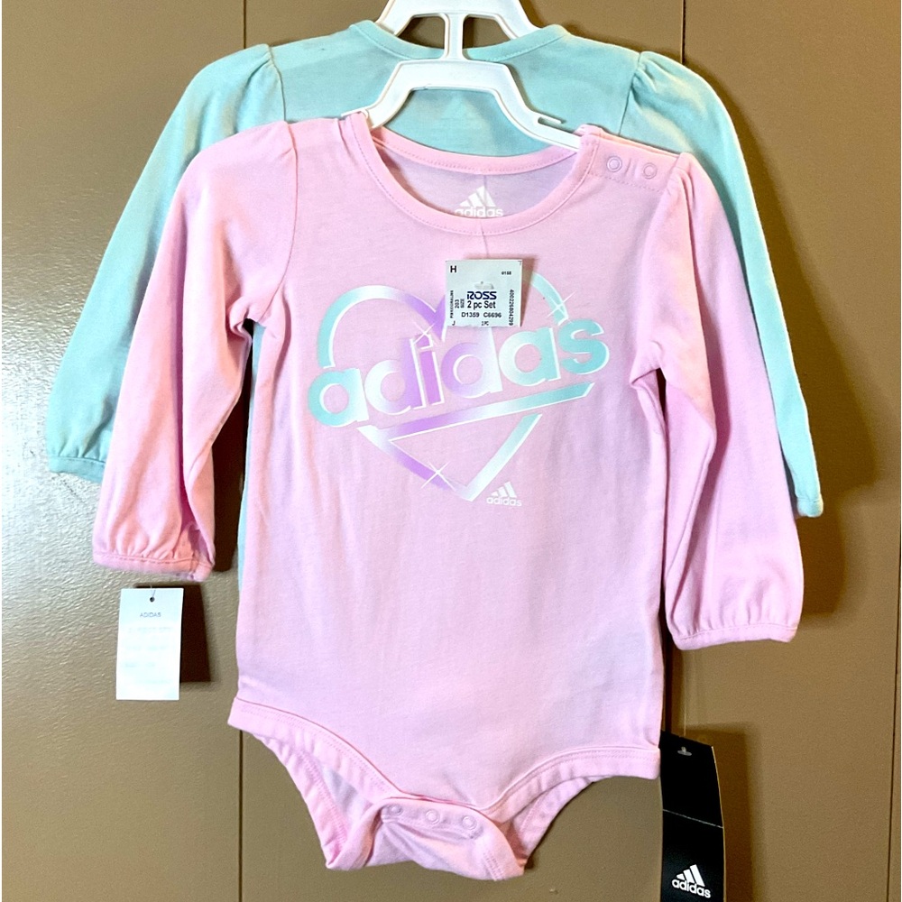 ADIDAS BABY LONG SLEEVE TEES SNAP BOTTOM SET OF 2 PINK BLUE SIZE 12 MONTHS NWT